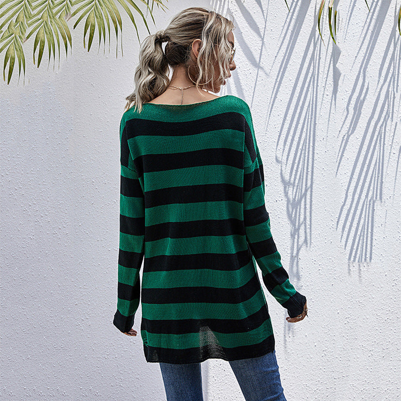 LOVECCR Popular, 2025,  New medium and long thin v-neck striped sweater women's popular autumn ripped long-sleeved knitted sweater