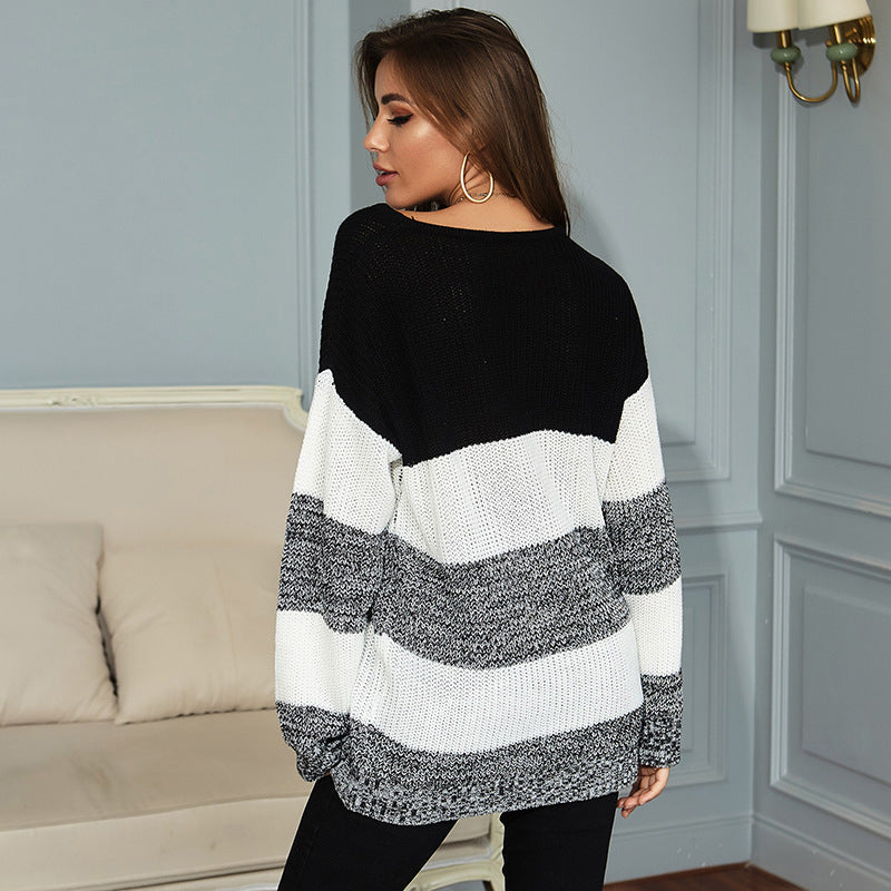 LOVECCR 2025 new New Popular trade striped color matching crew neck knitted sweater medium and long loose lazy sweater autumn and winter women's clothing