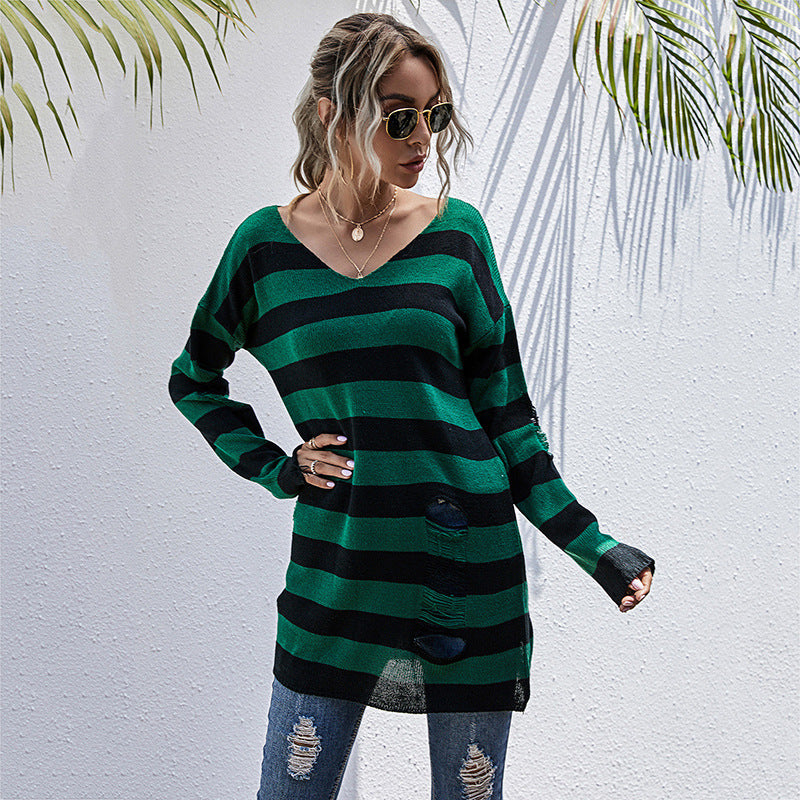 LOVECCR Popular, 2025,  New medium and long thin v-neck striped sweater women's popular autumn ripped long-sleeved knitted sweater