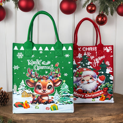 Christmas Felt Tote Handbag with Santa & Reindeer Applique - Minimalist Non-Woven Bag with Fixed Shoulder Straps and Buckle Closure - Baigou Unlined Festive Gift Carry Bag