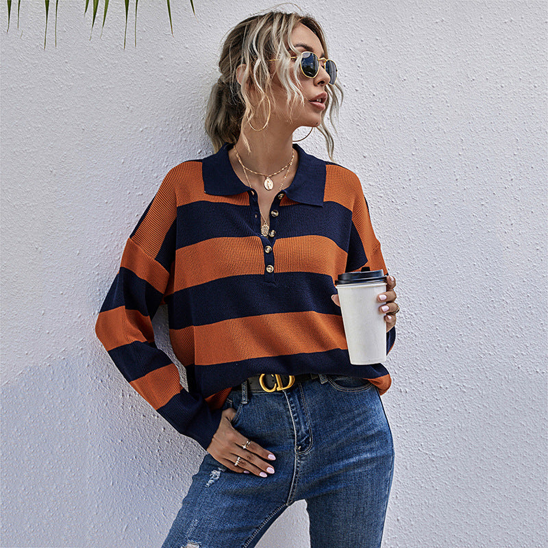 LOVECCR New Popular trade popular early autumn Japanese striped long-sleeved top women's lapel contrasting long-sleeved knitted sweater