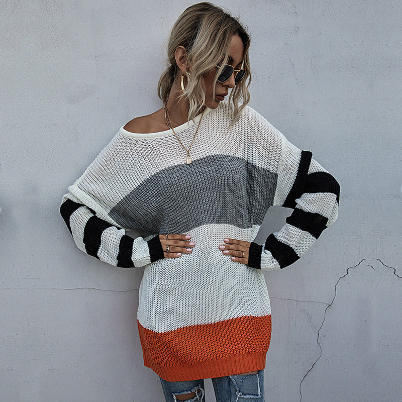 LOVECCR popular early autumn  New 2025 medium and long contrasting color striped crew neck knitted sweater loose Japanese sweater skirt women