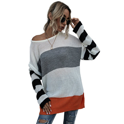 LOVECCR popular early autumn  New 2025 medium and long contrasting color striped crew neck knitted sweater loose Japanese sweater skirt women