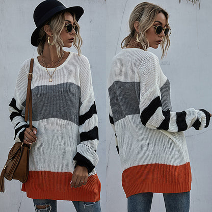 LOVECCR popular early autumn  New 2025 medium and long contrasting color striped crew neck knitted sweater loose Japanese sweater skirt women