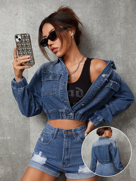 Chic Womens Denim Top with Flap Pockets - Long Sleeve Lapel Style - Trendy Raw Seams - Premium Jeans Clothing for Everyday Fashion