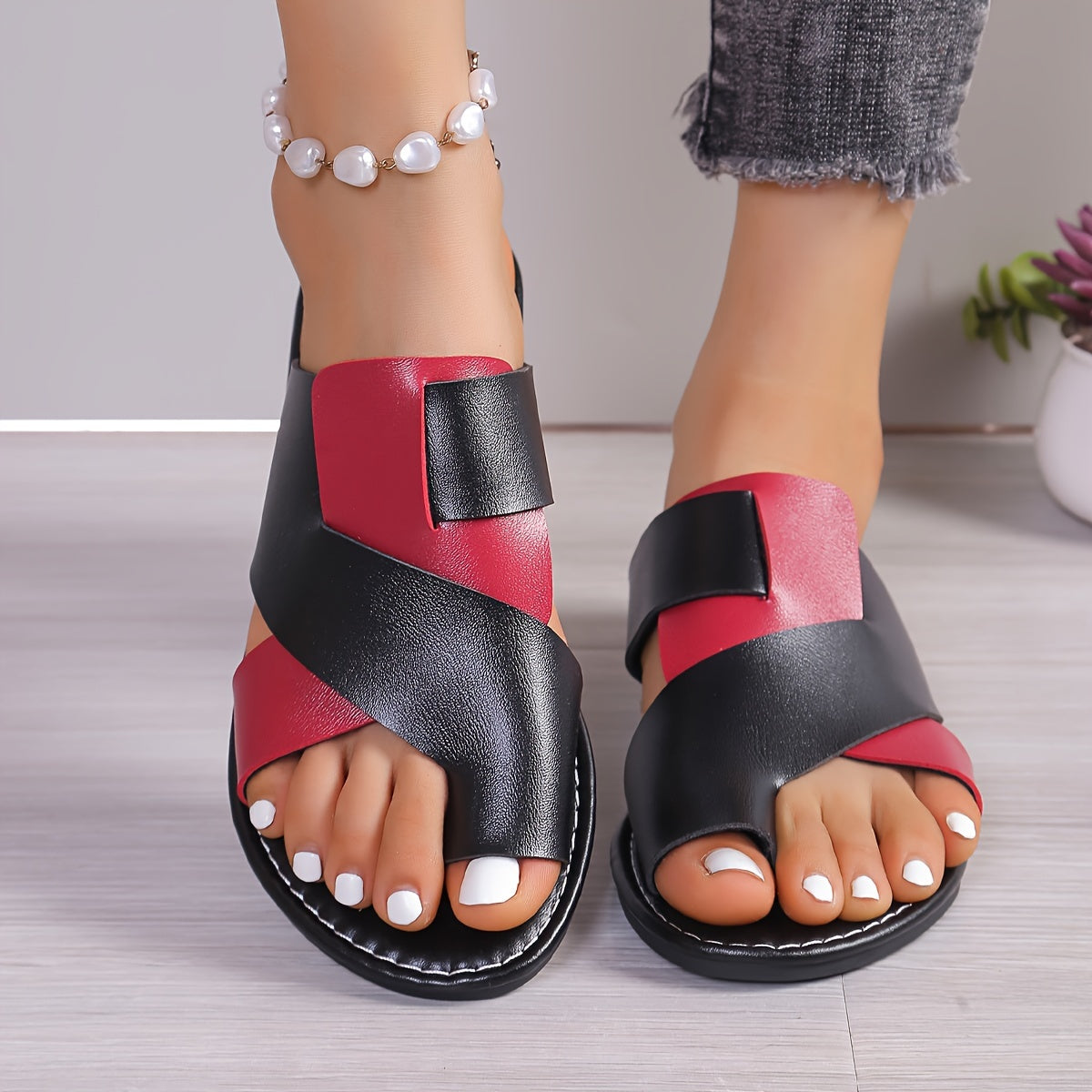 Women's Summer Slide Sandals - Stylish Contrast Color, Comfort Flat Heel, Breathable Open Toe