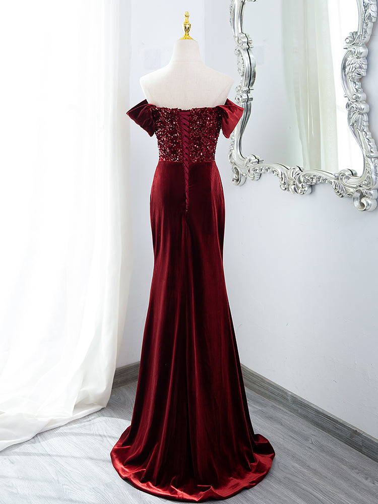 LOVECCRWine Red Mermaid Velvet Long Party Dress, Wine Red Prom Dress Evening Dress