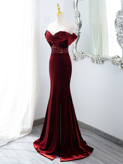 LOVECCRWine Red Mermaid Velvet Long Party Dress, Wine Red Prom Dress Evening Dress