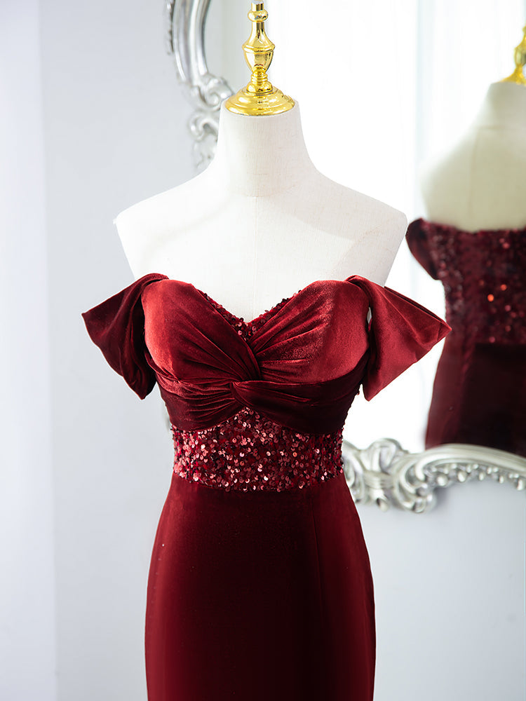 LOVECCRWine Red Mermaid Velvet Long Party Dress, Wine Red Prom Dress Evening Dress