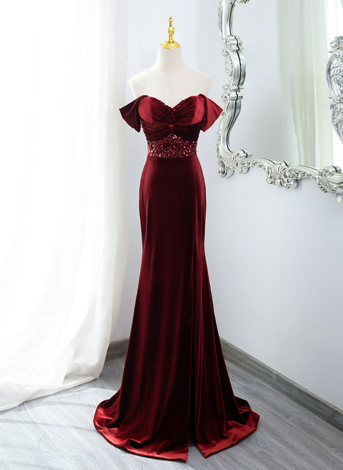 LOVECCRWine Red Mermaid Velvet Long Party Dress, Wine Red Prom Dress Evening Dress