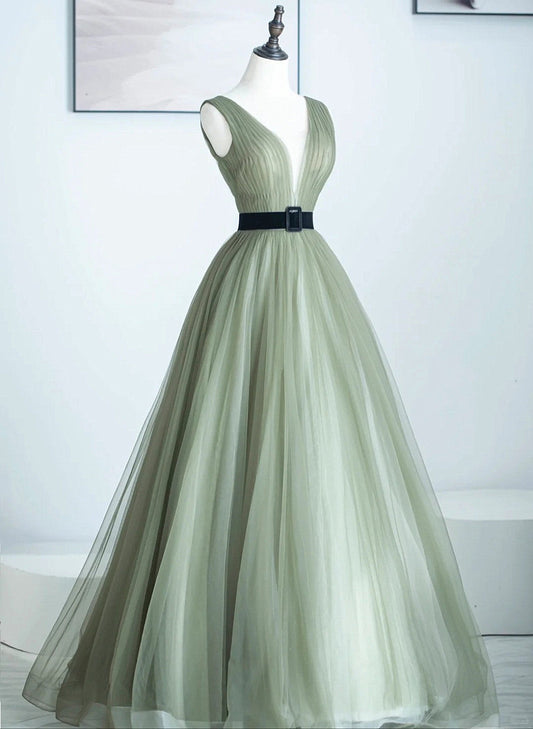 LOVECCRLight Green A-line Tulle V-neckline Long Formal Dress, A-line Floor Length Prom Dress