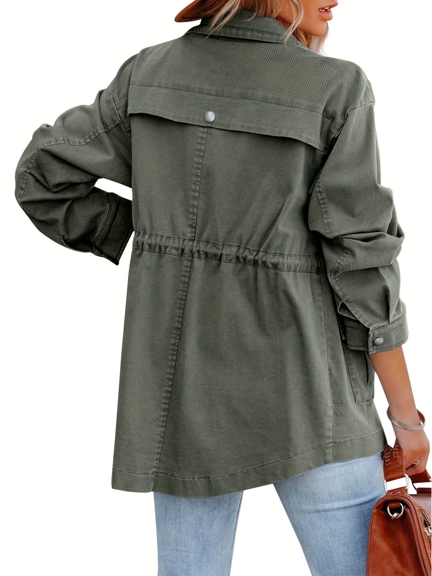 Stylish Women's Military Jacket - Durable, Casual Spring/Fall Outerwear with Button Details, Adjustable Drawstring & Practical Pockets