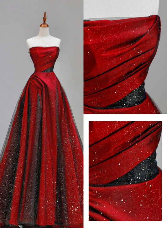 LOVECCRRed Satin with Black Tulle Long Party Dress, Red Satin Prom Dress Evening Dress