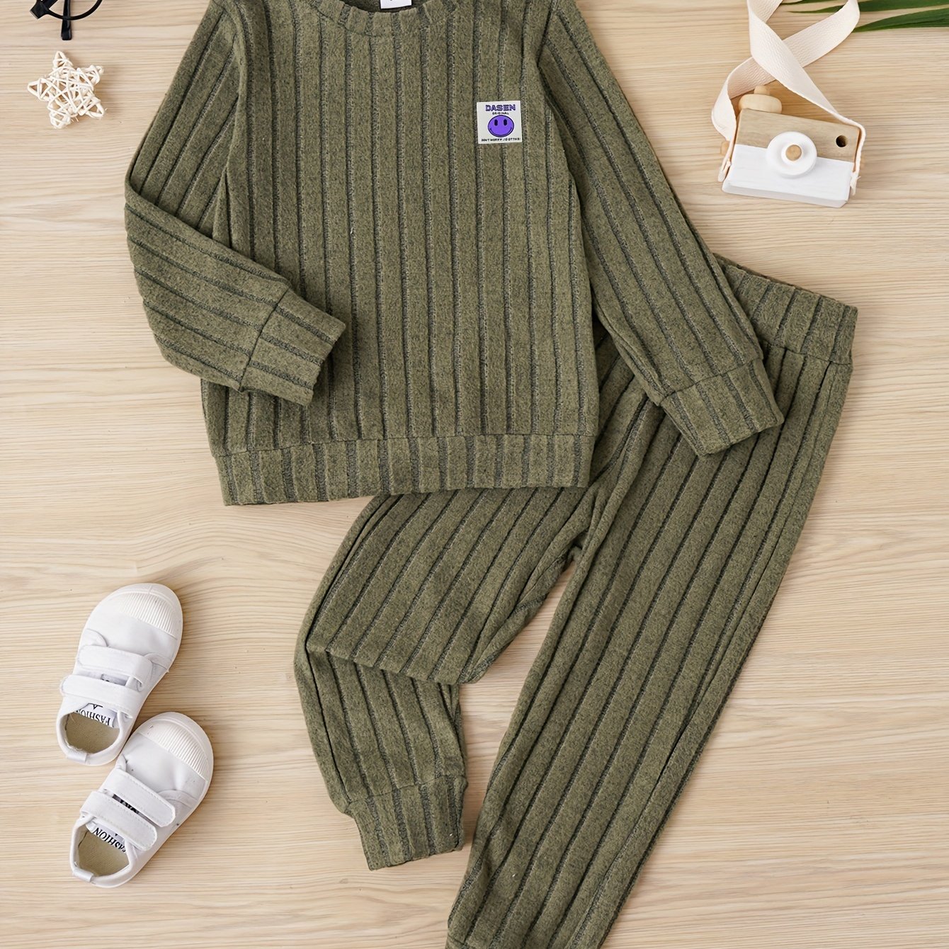 2pcs Boys Solid Knit Creative Long Sleeve Sweatshirt&Sweatpants Sets, Kids Spring Fall Winter Clothes