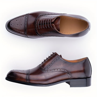 Premium Leather Men's Cap-Toe Oxfords - Brogue Detailing, Durable Lace-up Design - Ideal for Business & Daily Office Wear