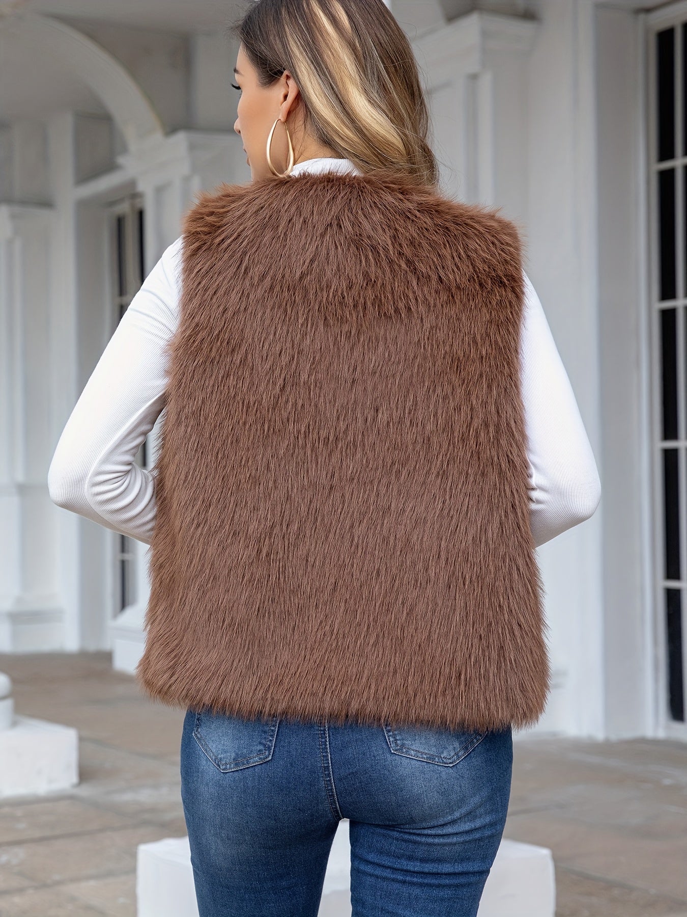 Open Front Fuzzy Vest Jacket, Elegant Sleeveless Vest For Fall & Winter, Women's Clothing