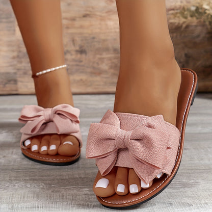 Breezy Summer Slide Flats - Stylish Bow Accent, Single Band Open Toe, Perfect for Indoor & Outdoor, Beach Vacation Ready, Comfortable & Lightweight Design