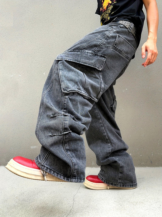 Relaxed Fit Wide Leg Cargo Jeans - Men's Stylish Comfortable Denim Pants for Street Fashion - Loose Fit, Comfy, Fashionable, and Practical