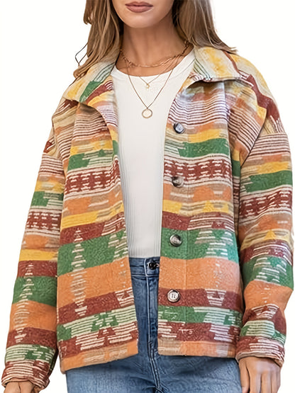 Bold Aztec Pattern Womens Jacket - Timeless Vintage Buttons, Long Sleeve Front Fastening - Stylish Casual Outerwear for Everyday Chic