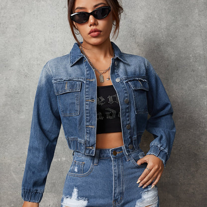 Chic Womens Denim Top with Flap Pockets - Long Sleeve Lapel Style - Trendy Raw Seams - Premium Jeans Clothing for Everyday Fashion