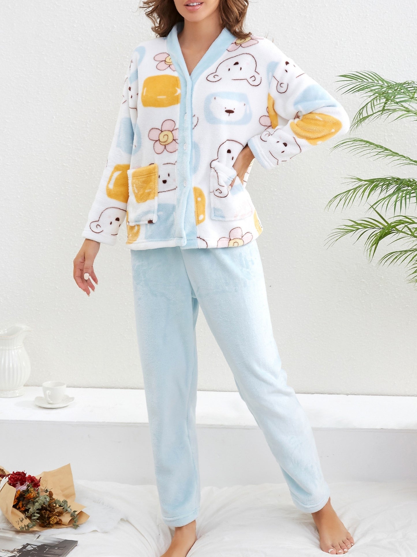 Cartoon Bear Print Pajama Set, Cute Long Sleeve Buttons Top & Elastic Waistband Pants, Women's Sleepwear & Loungewear