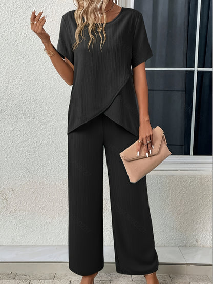 Two-Piece Textured Set - Asymmetrical Hem Short Sleeve Top with Relaxed Fit & Wide Leg Pants Outfits for Women - Comfortable, Chic, and Versatile Clothing for Everyday Wear