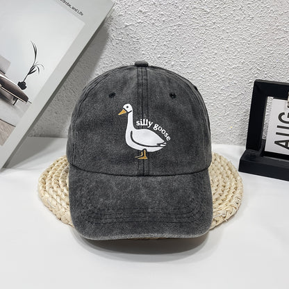 1pc Unisex Sunshade Washed Denim Baseball Cap With Silly Goose Pattern Printed For Outdoor Sport