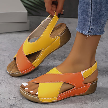 Vibrant Wedge Heeled Sandals - Ultra-Comfortable, Open Toe, Adjustable Ankle Strap, Contrast Color Block Design - Womens Casual Summer Shoes for Warm Weather