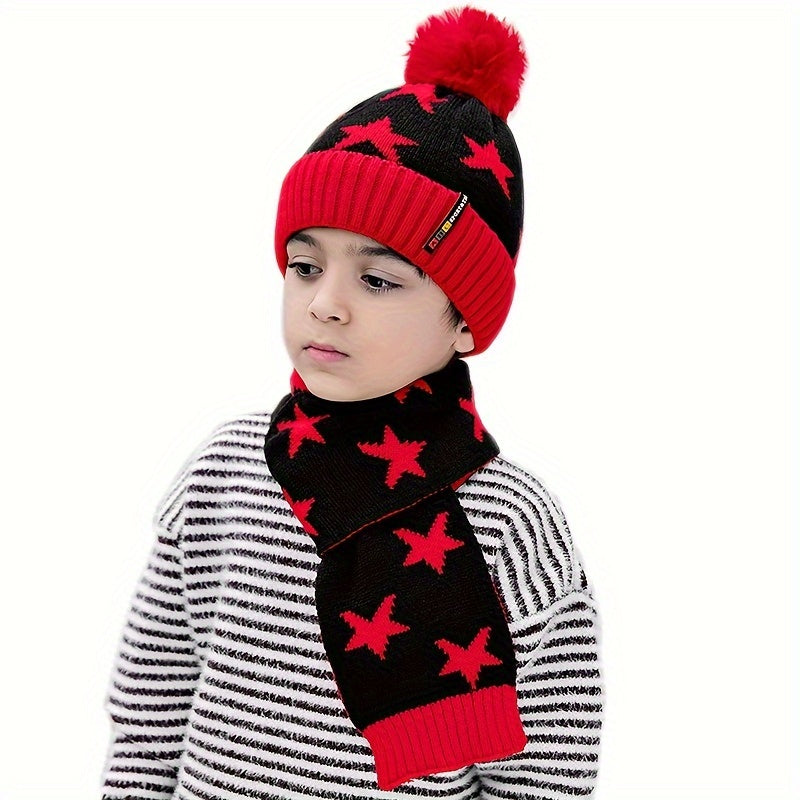 Kids Winter Hat and Scarf Set with Ear Protection, Knit Polyester Fitted Beanie Cap with Pom-Pom and Matching Striped Neck Warmer, Toggle Closure, Hand Wash, Christmas Occasion Themed, for Children Aged 3-14, Perfect for Daily Casual Wear in Fall/Winter