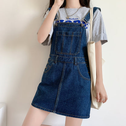 Womens Chic Blue Denim Overall Dress - Loose & Cute Mini Style with Adjustable Straps for Summer Comfort