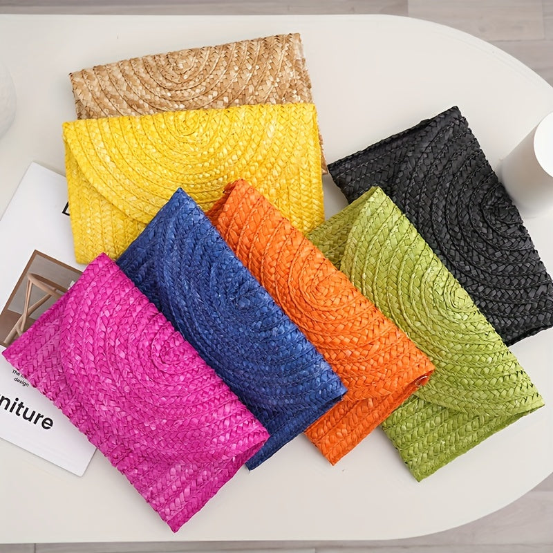 Classic Solid Color Woven Straw Clutch Purse For Women, Envelope Style Flap Coin Purse For Women