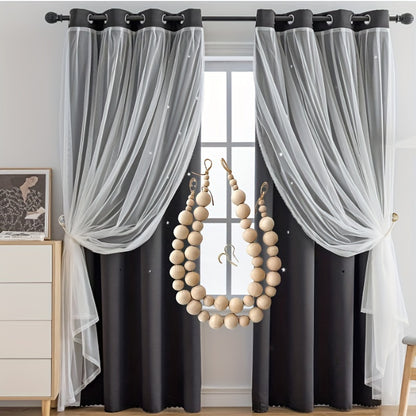 4Pcs Set Of 2 Pieces 41X85 Inch Star Curtain + 2 Pieces Nordic Style Wooden Bead Curtain Strap Double Curtain Bedroom Curtain Blackout Hollow Star Curtain Romantic Curtain