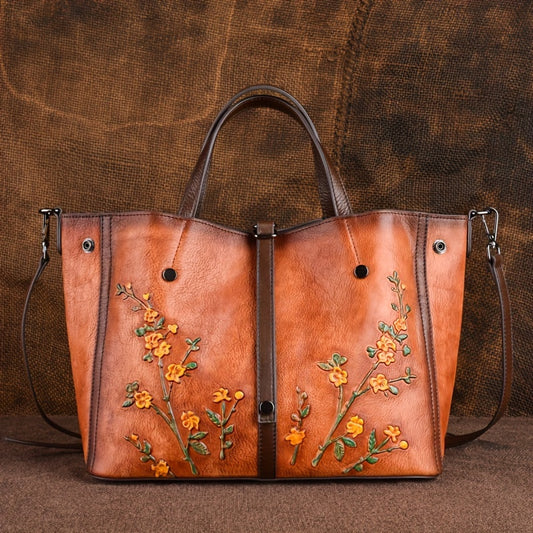 Genuine Leather Floral Embossed Vintage Tote Bag - Adjustable Strap, Soft Shoulder Bag, Elegant Crossbody Satchel Purse with Polyester Lining, Zipper Closure, Lightweight, and Positioning Printing - Urban Retro Style, Perfect for Women