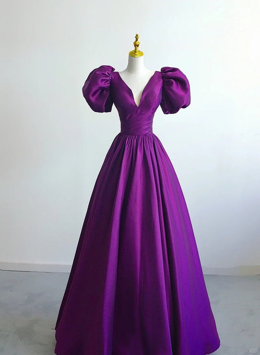 LOVECCRPurple Satin A-line Short Sleeves Long Formal Dress, Purple Evening Dress Prom Dress