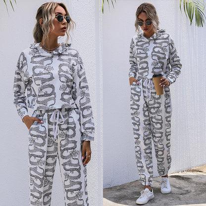 LOVECCR New popular autumn and winter 2025 autumn printing hooded set sweater casual home two-piece set women