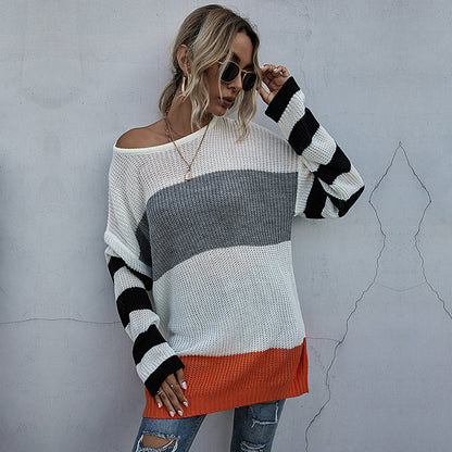 LOVECCR popular early autumn  New 2025 medium and long contrasting color striped crew neck knitted sweater loose Japanese sweater skirt women