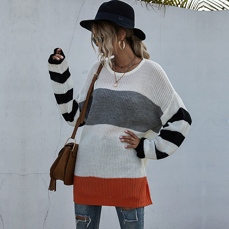 LOVECCR popular early autumn  New 2025 medium and long contrasting color striped crew neck knitted sweater loose Japanese sweater skirt women