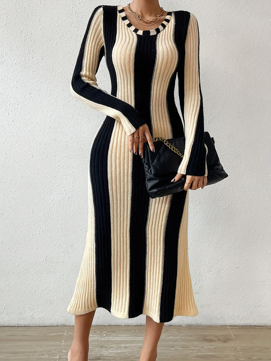 Elegant Striped Bodycon Dress | Fall/Winter Chic Long Sleeve Color Block - Rib-Knit, Crew Neck, Warm Acrylic Blend