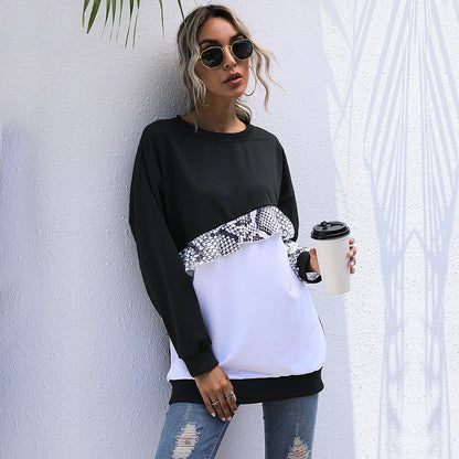 LOVECCR popular autumn and winter 2025 style round neck splicing contrasting color long-sleeved sweater women's thin medium and long design sense New women's clothing