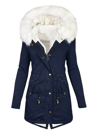 Womens Chic Thermal Parka Coat with Faux Fur Hood - Zip & Button Closure, Front Pockets, Ideal for Cold Weather