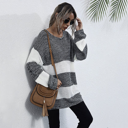 LOVECCR 2025 new New Popular trade striped color matching crew neck knitted sweater medium and long loose lazy sweater autumn and winter women's clothing