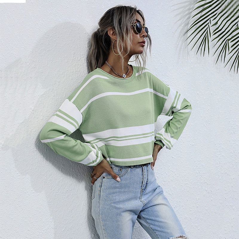 LOVECCR popular Spring and Autumn New Women's Striped Knitted Sweater Bottom Pullover  Hot Trade Crew Neck Japanese Short Top