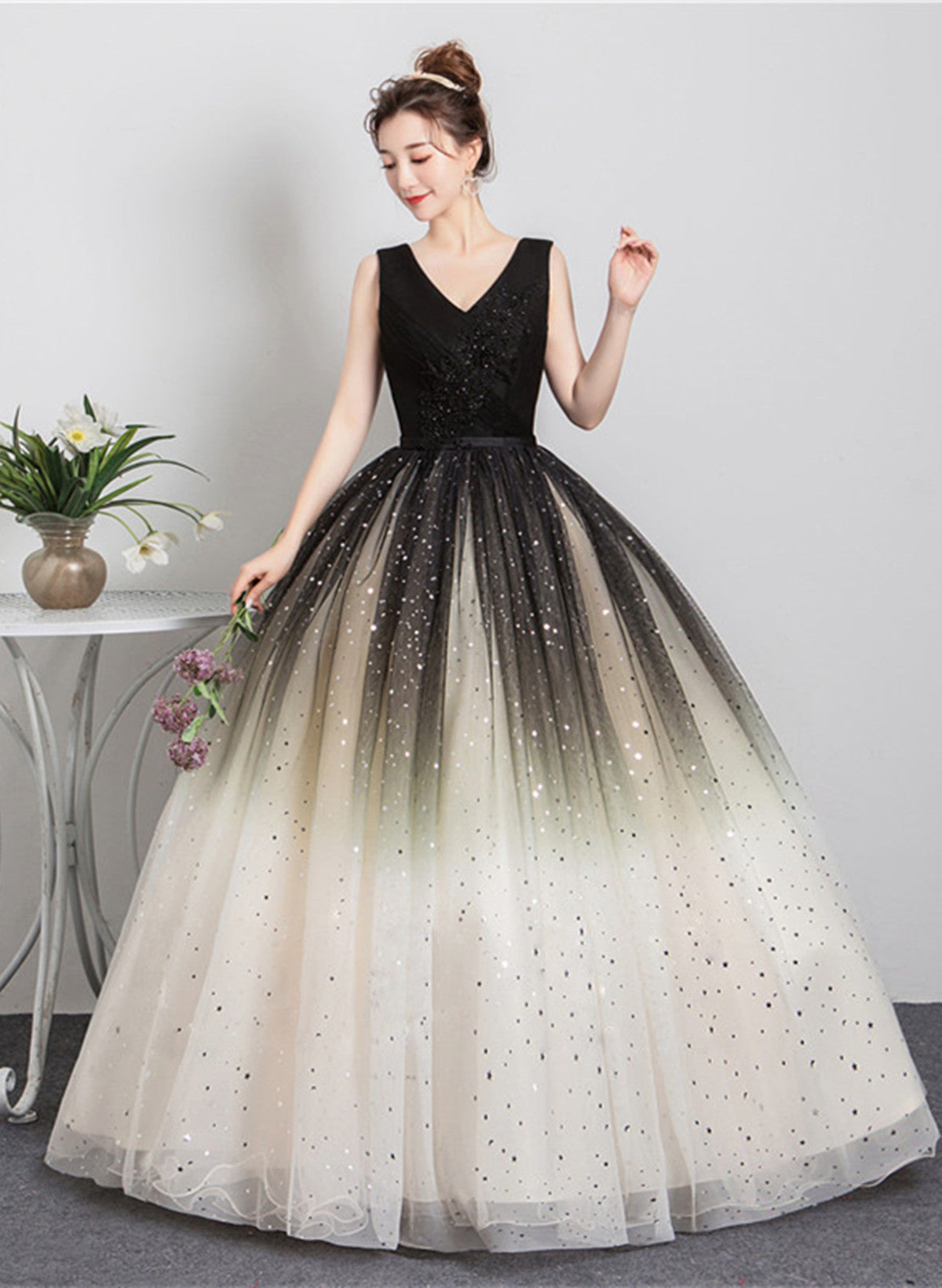 LOVECCRBeautiful Gradient Tulle V-neckline Ball Gown Party Dress, Gradient Sweet 16 Dress