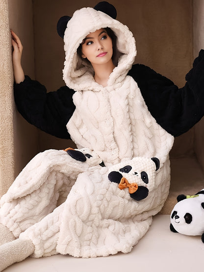 Cute Cartoon Panda Fleece Thickened Jacquard Night Robe For Fall & Winter, Raglan Sleeve Hooded Loose Fit Robe With Pockets, Women's Sleepwear & Dresses