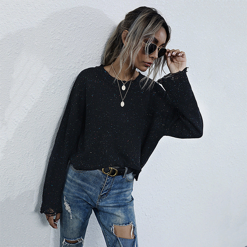 LOVECCR popular  New Popular trade round neck color dot knitted sweater long sleeve pullover casual simple top women's autumn