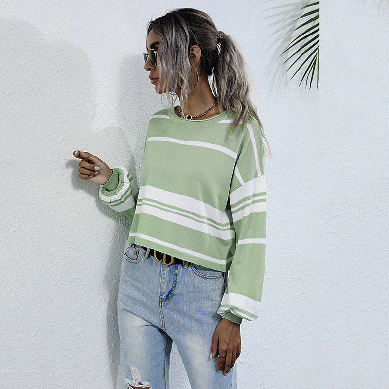 LOVECCR popular Spring and Autumn New Women's Striped Knitted Sweater Bottom Pullover  Hot Trade Crew Neck Japanese Short Top