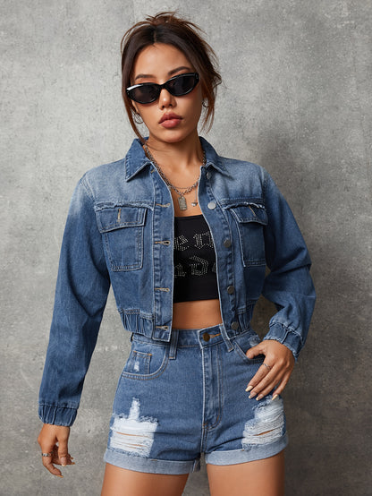 Chic Womens Denim Top with Flap Pockets - Long Sleeve Lapel Style - Trendy Raw Seams - Premium Jeans Clothing for Everyday Fashion