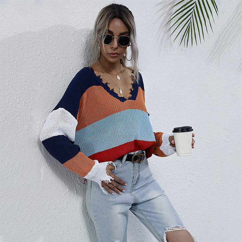 LOVECCR popular autumn and winter new Popularan, 2025n,  contrasting color women's clothing V-neck sweater women's irregular shabby short knitted sweater