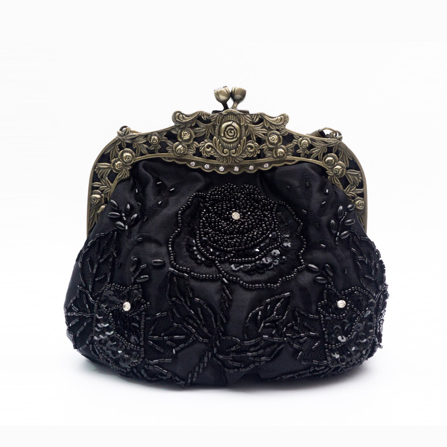 Flower Embossed Beaded Handbag, Kiss Lock Rose Elegant Clutch Bag, Vintage Style Mini Handbag