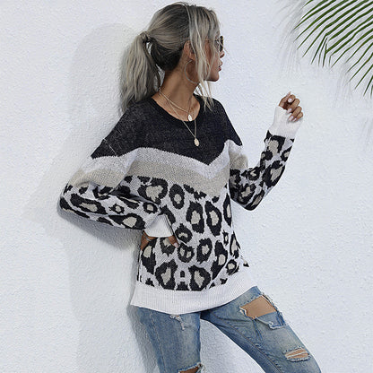 LOVECCR New 2023 autumn and winter leopard print splicing contrasting colors loose 2025 crew neck knitted sweater women's jumper